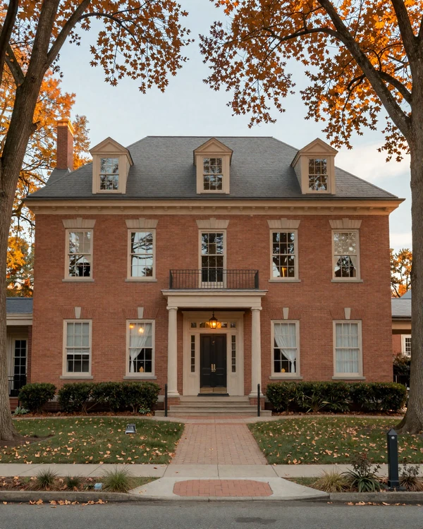 Bexley historic brick mansion on Main Street at golden hour