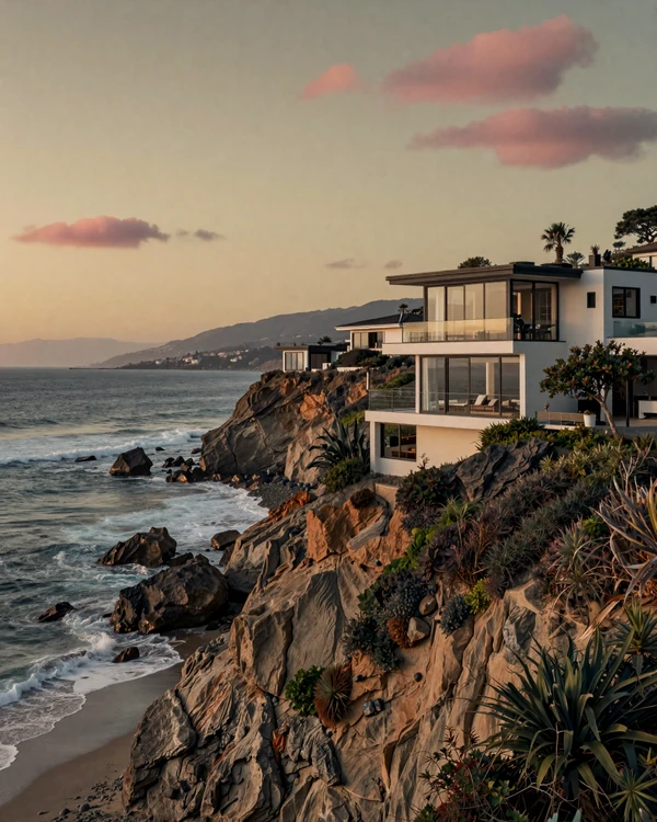 Malibu coastline at dusk with cliffside villa and Pacific Ocean