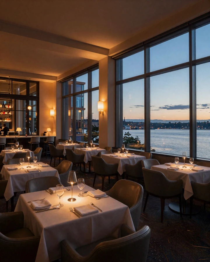 Canlis Seattle fine dining interior with Lake Union view at dusk