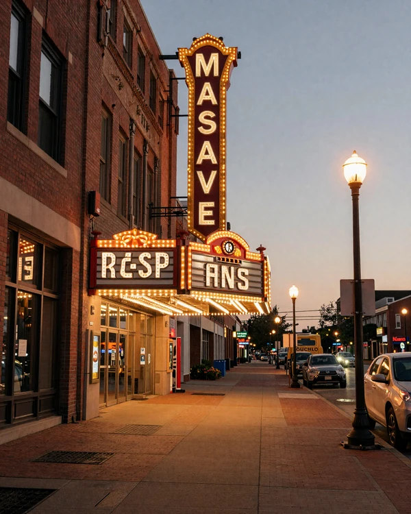 Mass Ave cultural district theater marquee at twilight Indianapolis