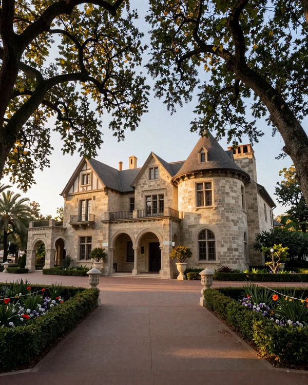 Olmos Park historic mansion with mature oak canopy and Tudor revival architecture