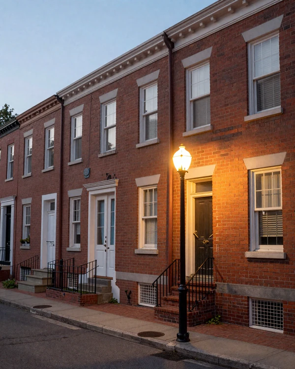 Germantown Nashville historic brick street with Victorian rowhouses at dusk