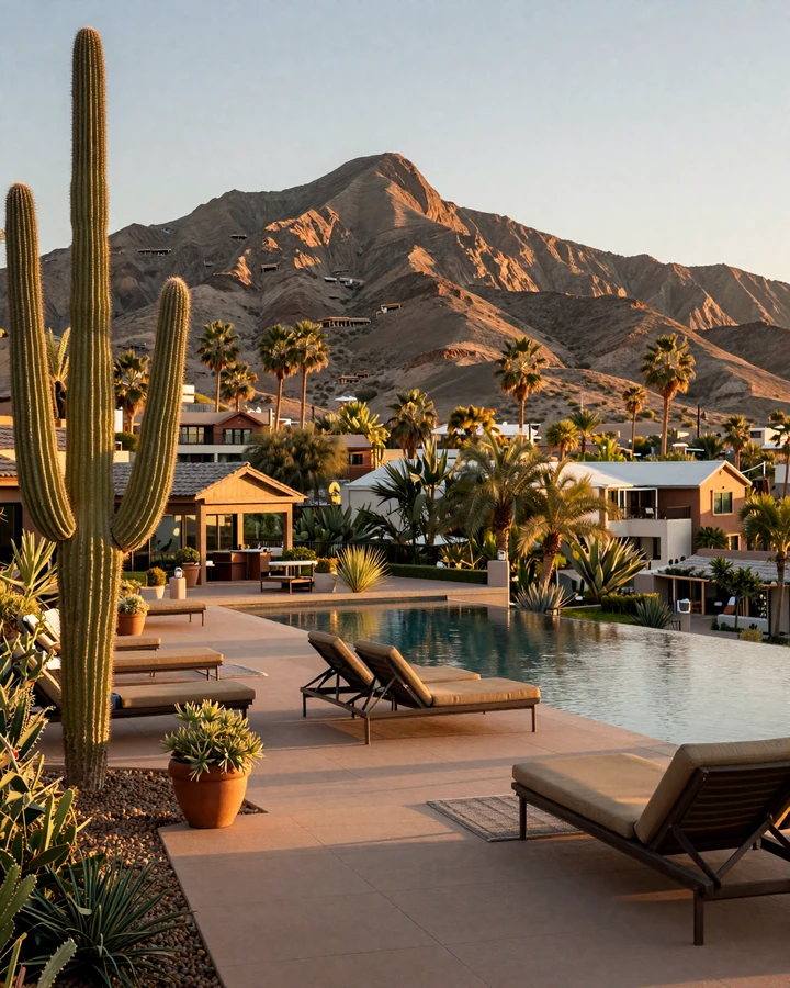 Scottsdale luxury resort terrace at golden hour with Camelback Mountain backdrop representing Phoenix sugar daddy lifestyle