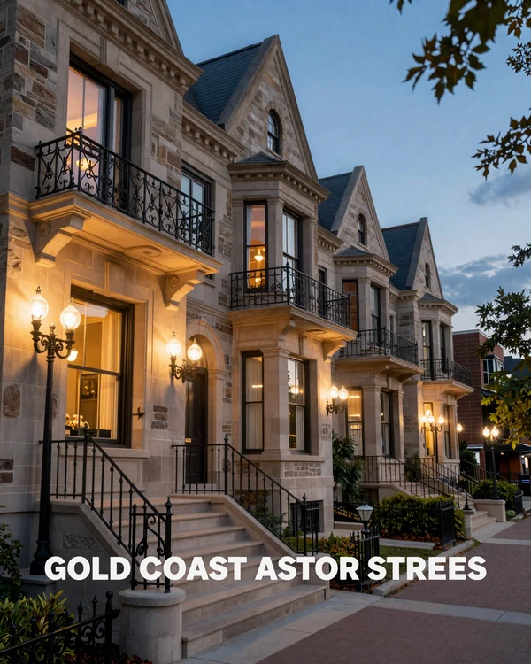 Gold Coast Astor Street limestone mansions at dusk