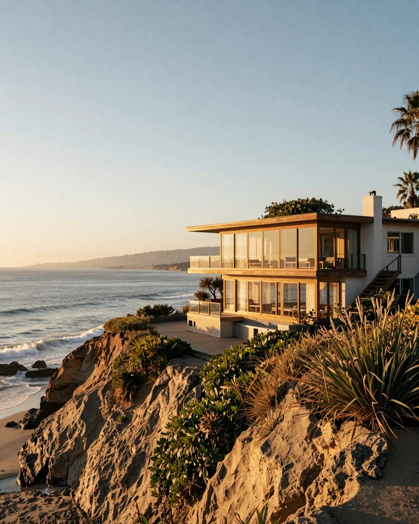 Malibu cliffside modern home with Pacific Ocean view at sunset