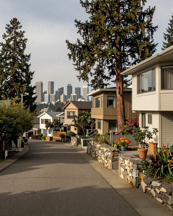 West Hills Portland forested estate district with city skyline view