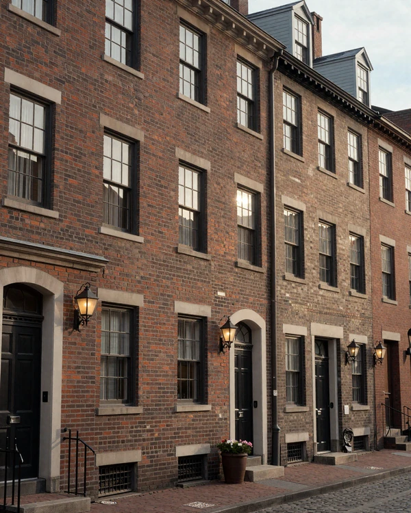 Beacon Hill Boston Charles Street historic brick facades with gas lamps