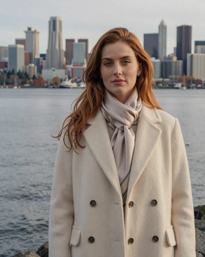 Elegant woman in cream wool coat on Bellevue waterfront representing sugar baby Seattle lifestyle