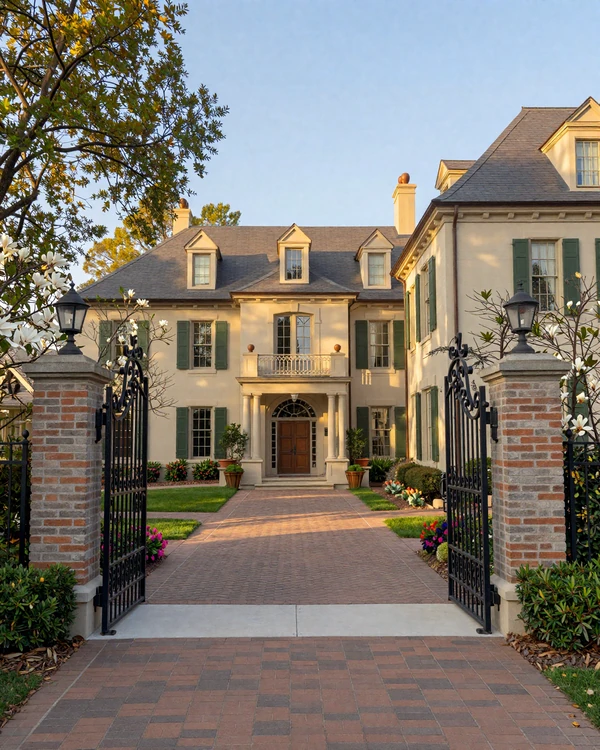 Brentwood Tennessee gated estate driveway at golden hour