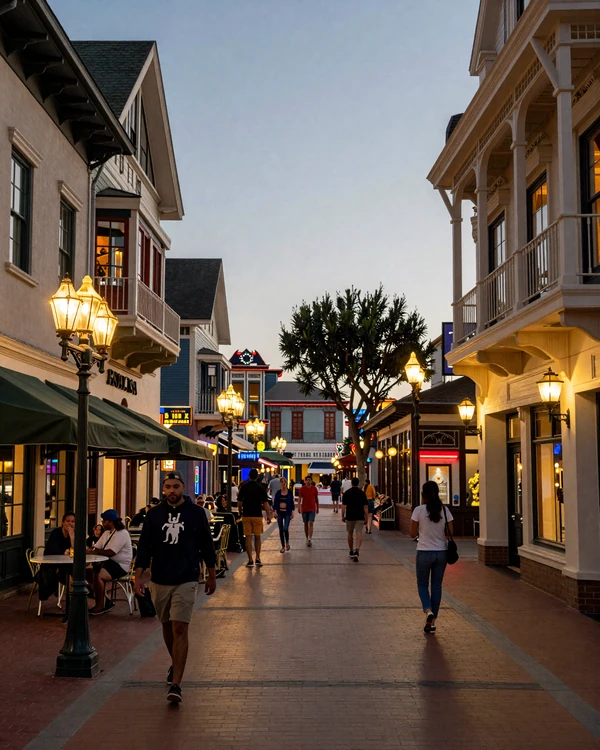 Gaslamp Quarter San Diego at dusk with Victorian streetlights and restaurant facades