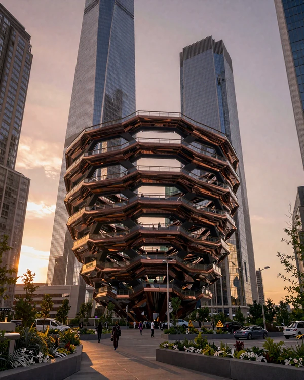 Hudson Yards glass towers and The Vessel at sunset