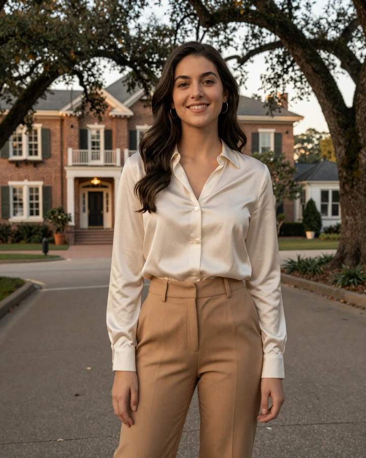 Refined young woman in cream silk blouse on Houston River Oaks boulevard representing sugar baby Houston lifestyle