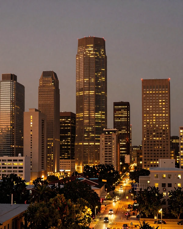 Houston Galleria Uptown skyline with Williams Tower at twilight