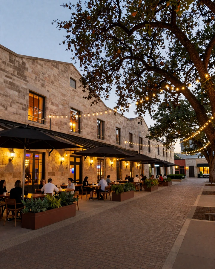 Pearl District San Antonio limestone buildings and outdoor dining terraces at twilight