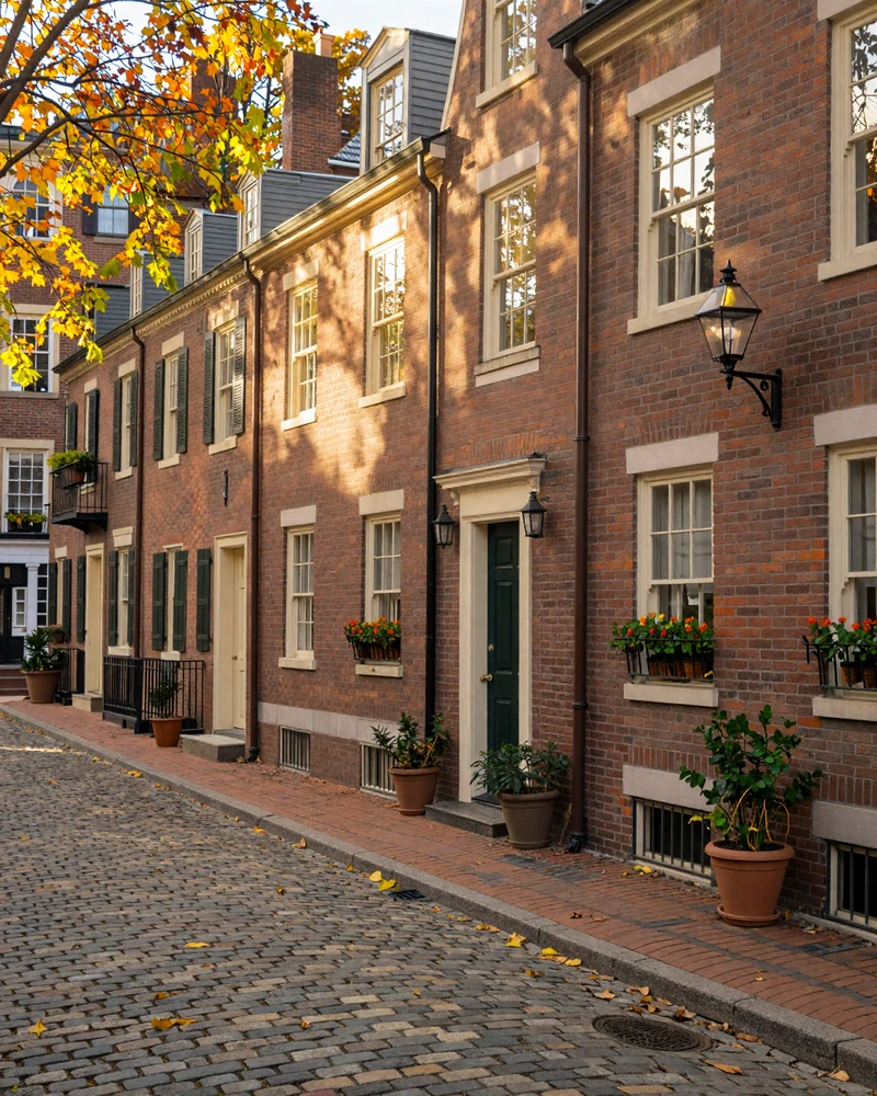 Beacon Hill Boston brick row houses with gas lamps representing the sugar baby Boston setting