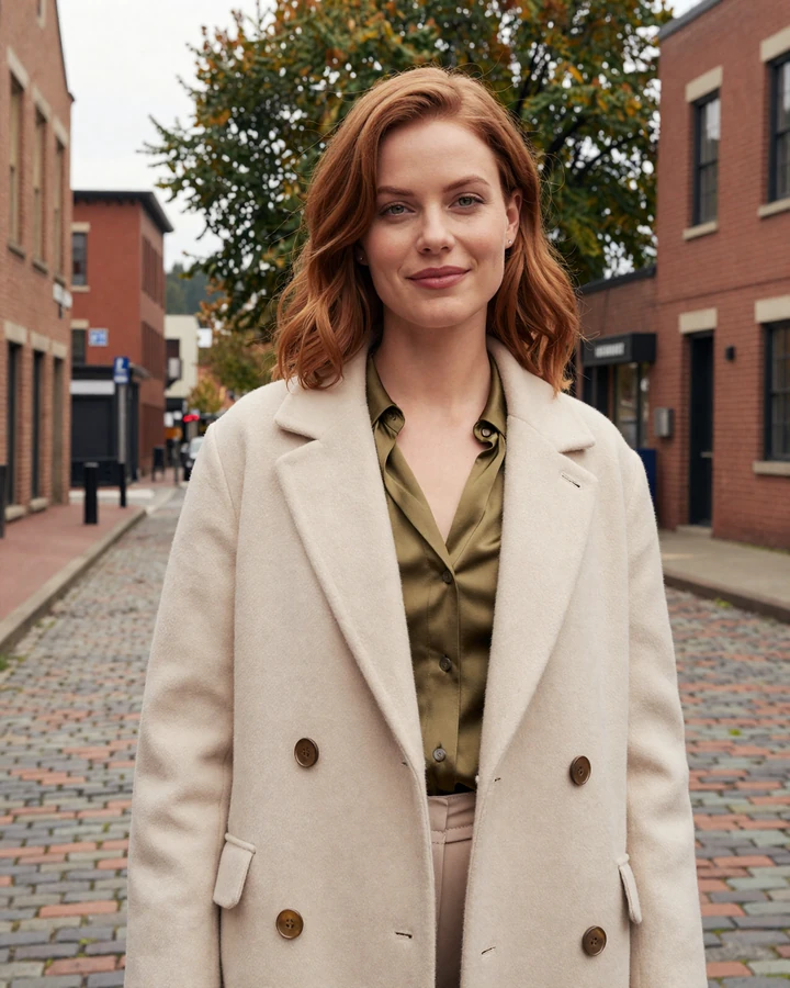 Refined young woman in cream wool coat on Pearl District Portland street representing sugar baby Portland lifestyle