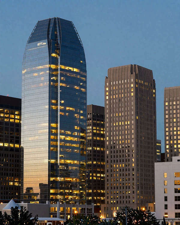 Uptown Houston Galleria skyline at blue hour with illuminated glass towers