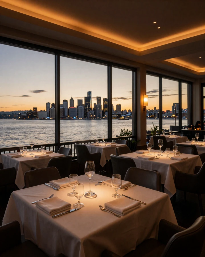 Seattle waterfront fine dining restaurant with Elliott Bay view at sunset