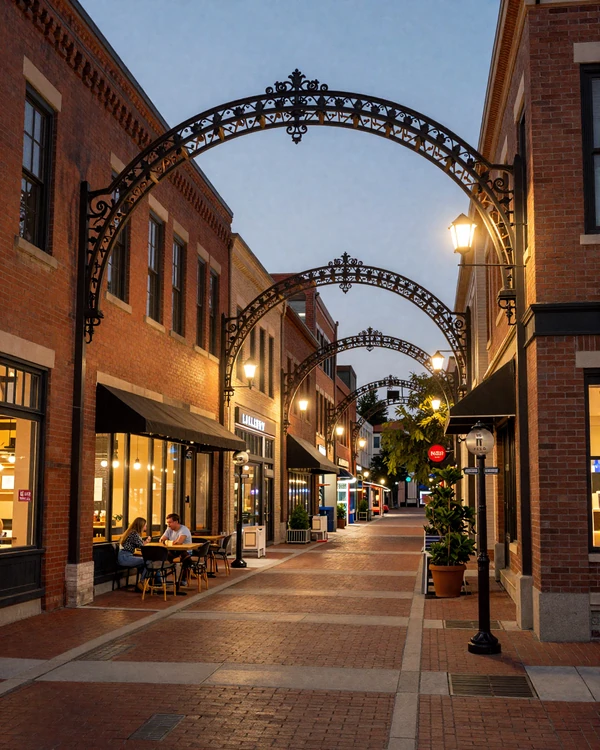 Short North gallery district with illuminated iron arches over High Street at twilight