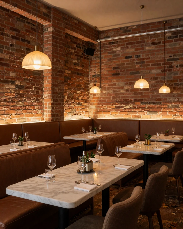 Pearl District refined restaurant interior with exposed brick and warm pendant lighting