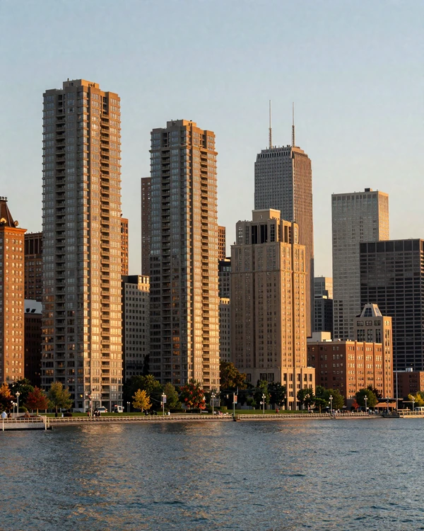 Streeterville Chicago lakefront skyline at golden hour