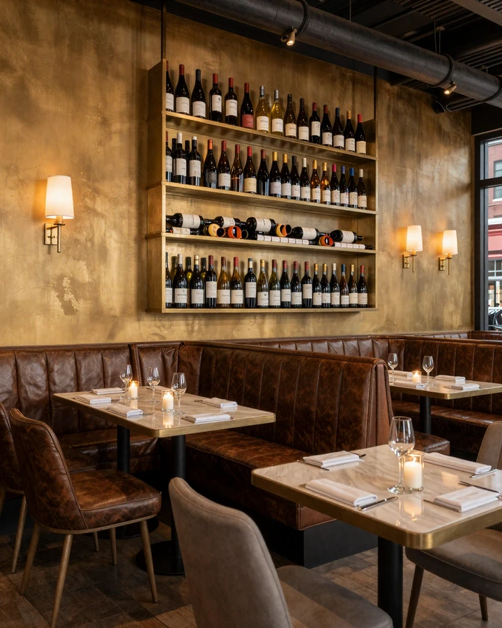 River North intimate wine bar leather booths brass sconces Chicago