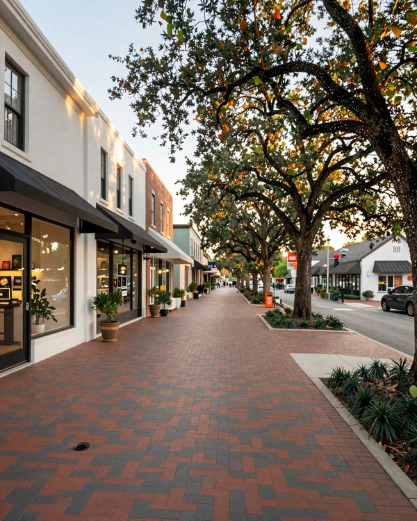 Hyde Park Village Tampa pedestrian brick street with boutique storefronts