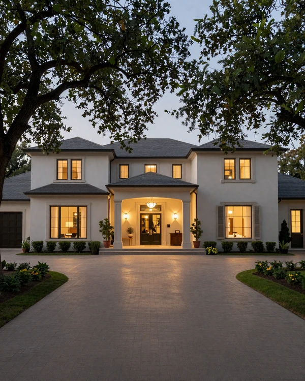 Preston Hollow Dallas gated estate driveway at dusk