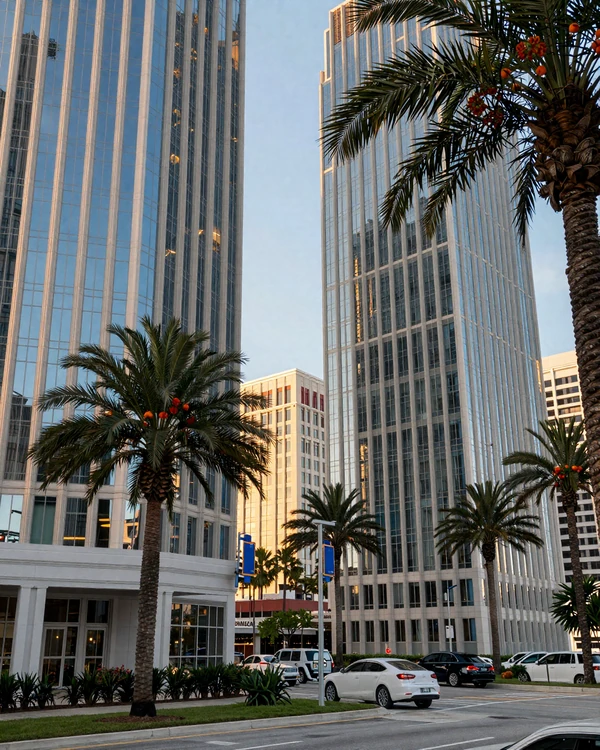 Westshore Tampa business district glass towers and palm-lined boulevard