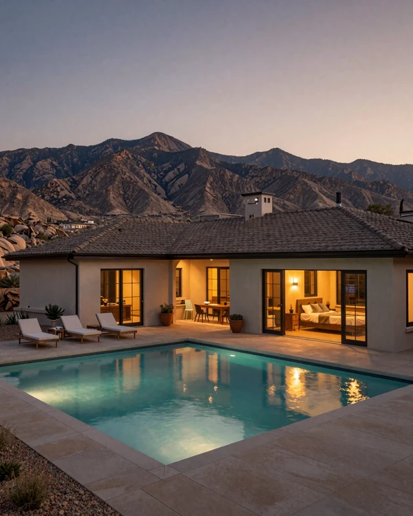 MacDonald Highlands luxury home in Henderson with mountain views at dusk