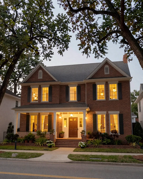 Tanglewood Houston brick home on oak-lined street at dusk