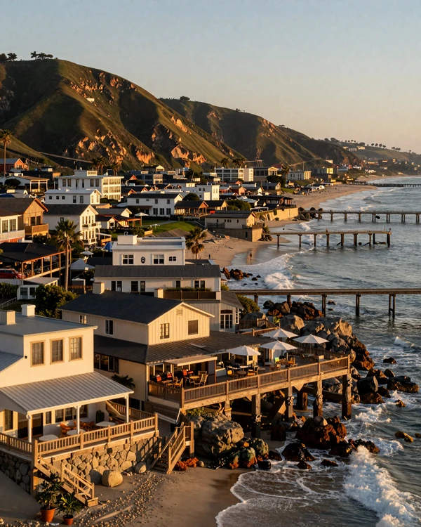 Del Mar California oceanfront village at sunset with Torrey Pines bluffs