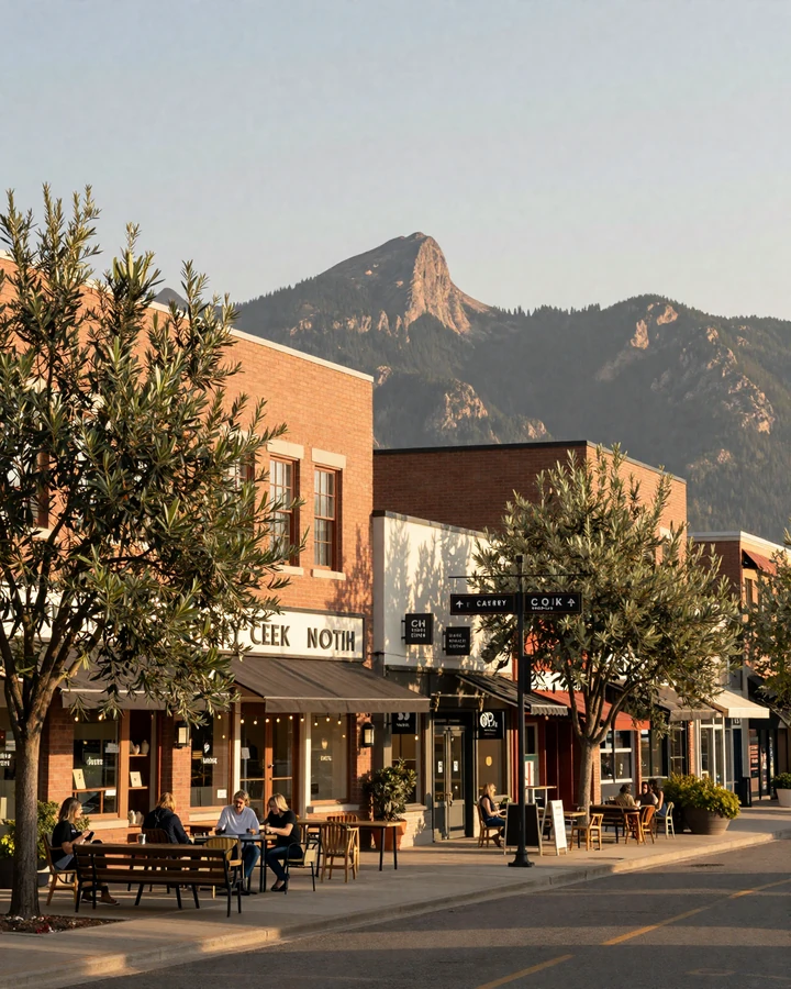 Cherry Creek North boutique district in Denver with Rocky Mountain skyline at golden hour