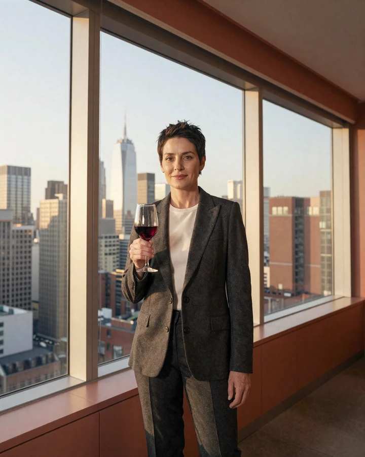 Confident successful woman in tailored blazer overlooking Manhattan skyline illustrating wealthy women dating site