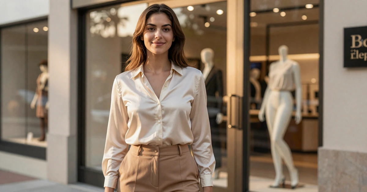 Elegant young woman in cream silk blouse on Buckhead Atlanta street representing sugar baby Atlanta lifestyle