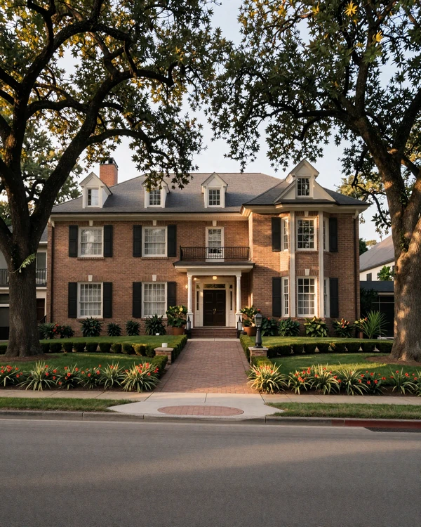 Highland Park Dallas brick estate street with mature live oaks