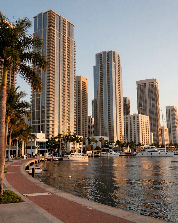 Brickell Miami skyline at golden hour with glass skyscrapers and Biscayne Bay marina