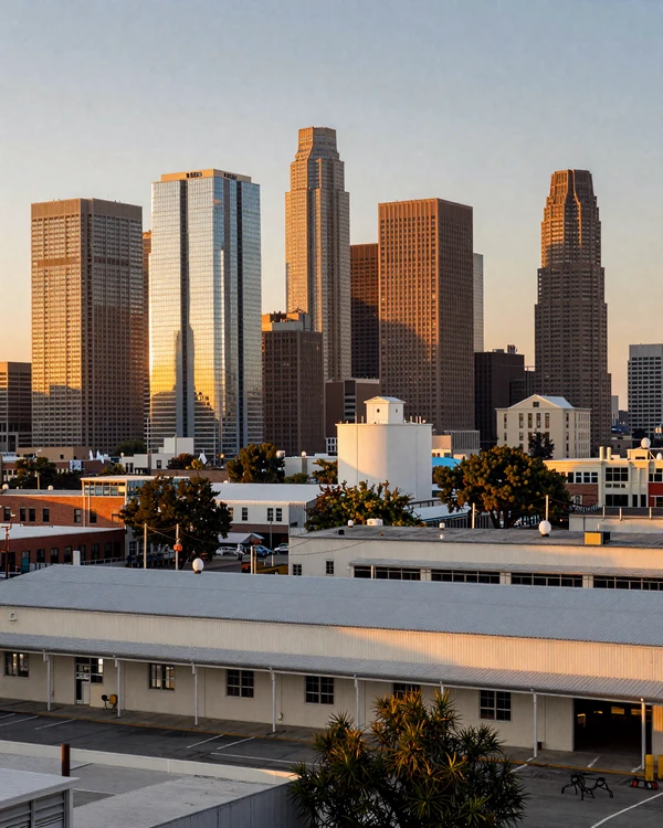 Downtown Los Angeles DTLA skyline and Arts District at twilight