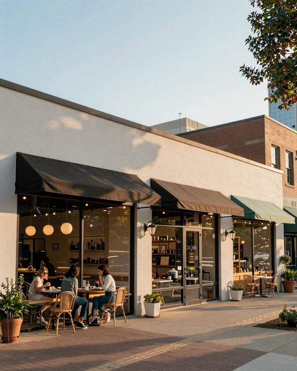Bishop Arts District Dallas at golden hour with boutique storefronts