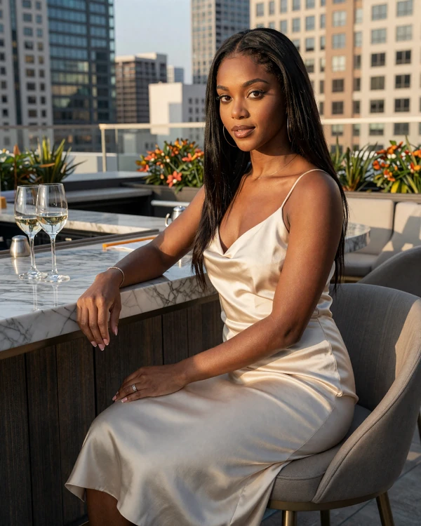 Elegant woman in cream silk dress at a Buckhead rooftop lounge representing Atlanta sugar dating lifestyle
