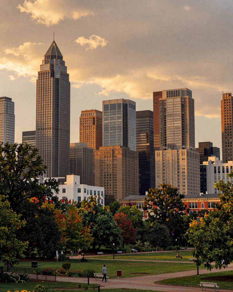 Midtown Atlanta skyline at dusk from Piedmont Park representing the sugar baby Atlanta setting