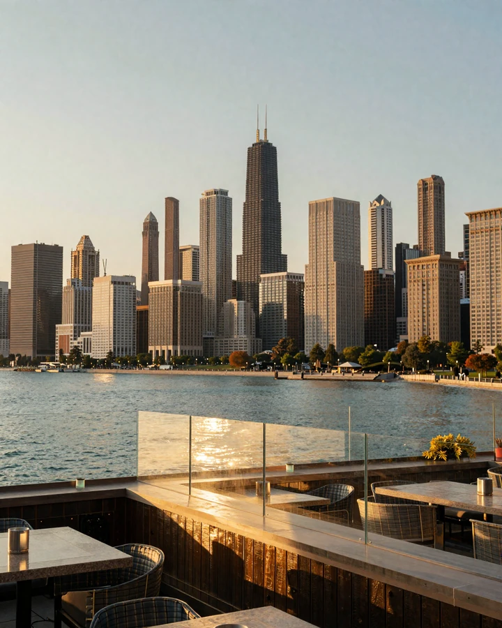 Streeterville rooftop bar view of Lake Michigan and Loop skyline at golden hour