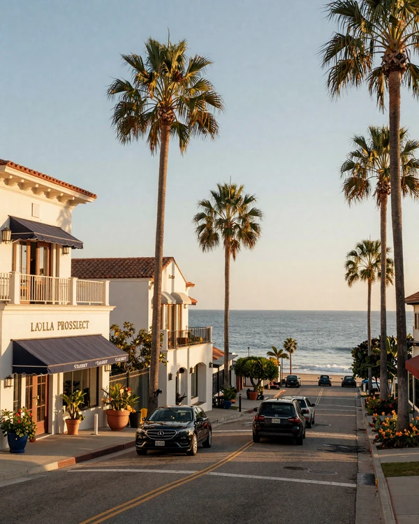 La Jolla Prospect Street boutique gallery district at golden hour