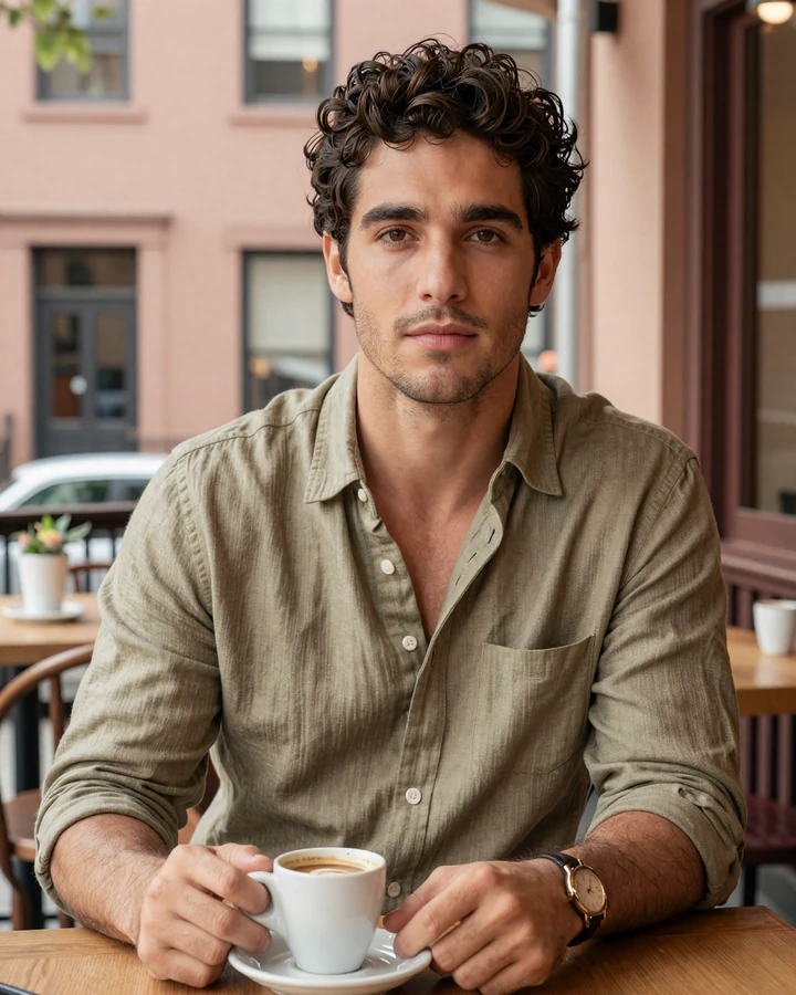 Refined younger man Mateo at Greenwich Village cafe illustrating what toy boy dating means