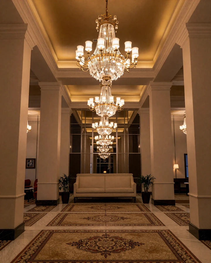 Fairmont Olympic Seattle Georgian Room interior with chandeliers in evening light