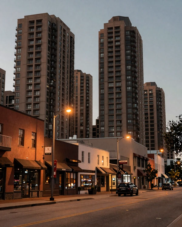 Uptown Dallas McKinney Avenue at dusk with high-rise towers