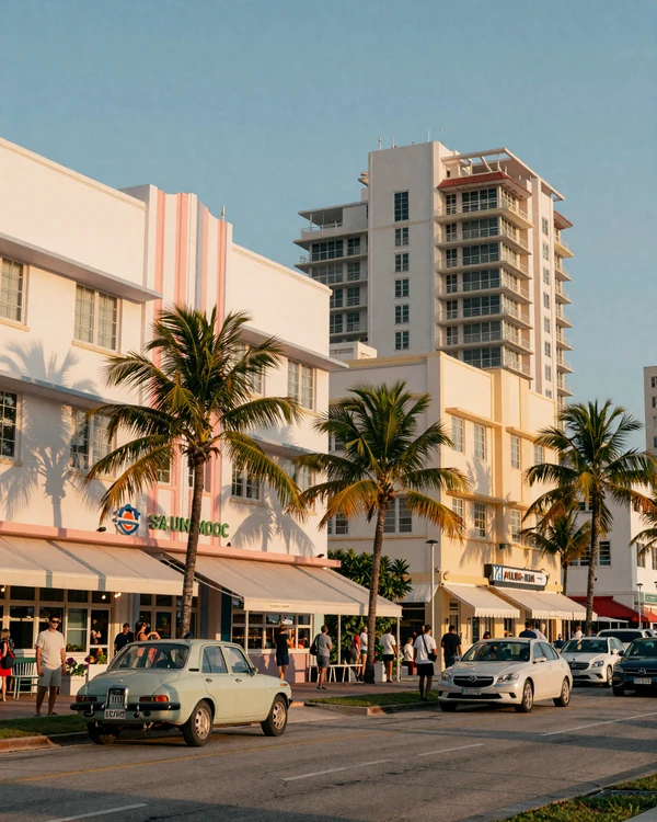 South Beach Miami Ocean Drive art deco district at golden hour