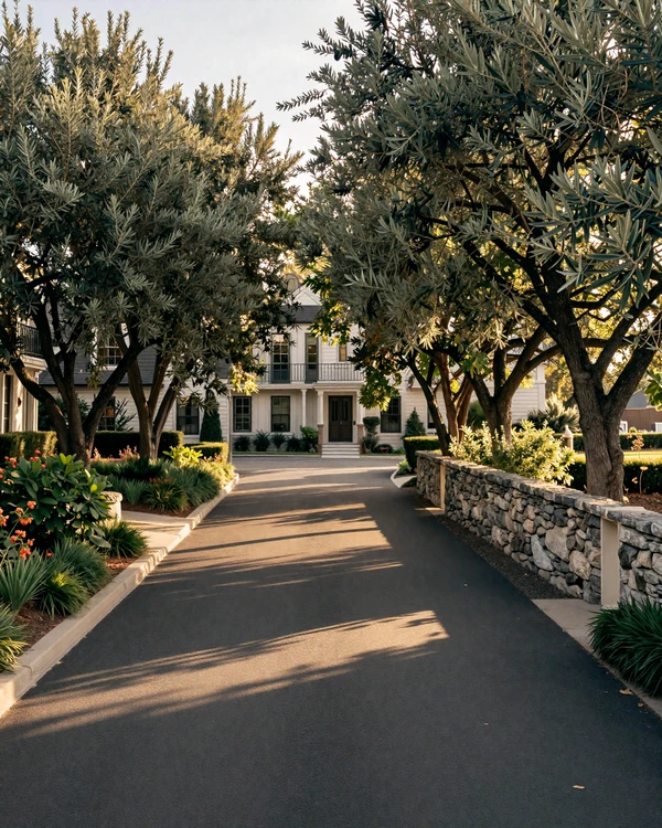 Cherry Hills Village tree-lined estate driveway at golden hour