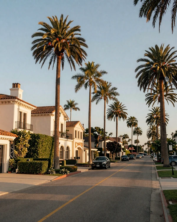 Beverly Hills palm-lined residential street with Mediterranean mansions at golden hour