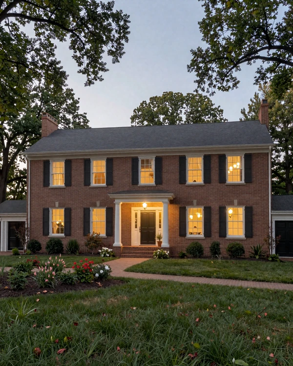 Upper Arlington colonial residence with mature trees at dusk
